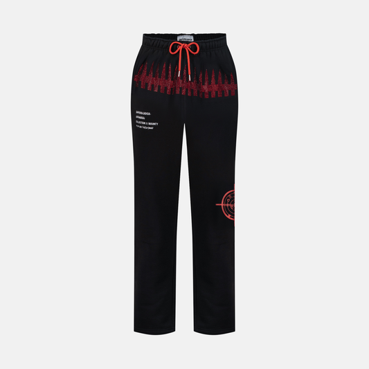 Charcoal sweatpants with red drawstring and red graphic print