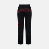 Charcoal sweatpants with red graphic print on the back and a red target graphic on the left leg