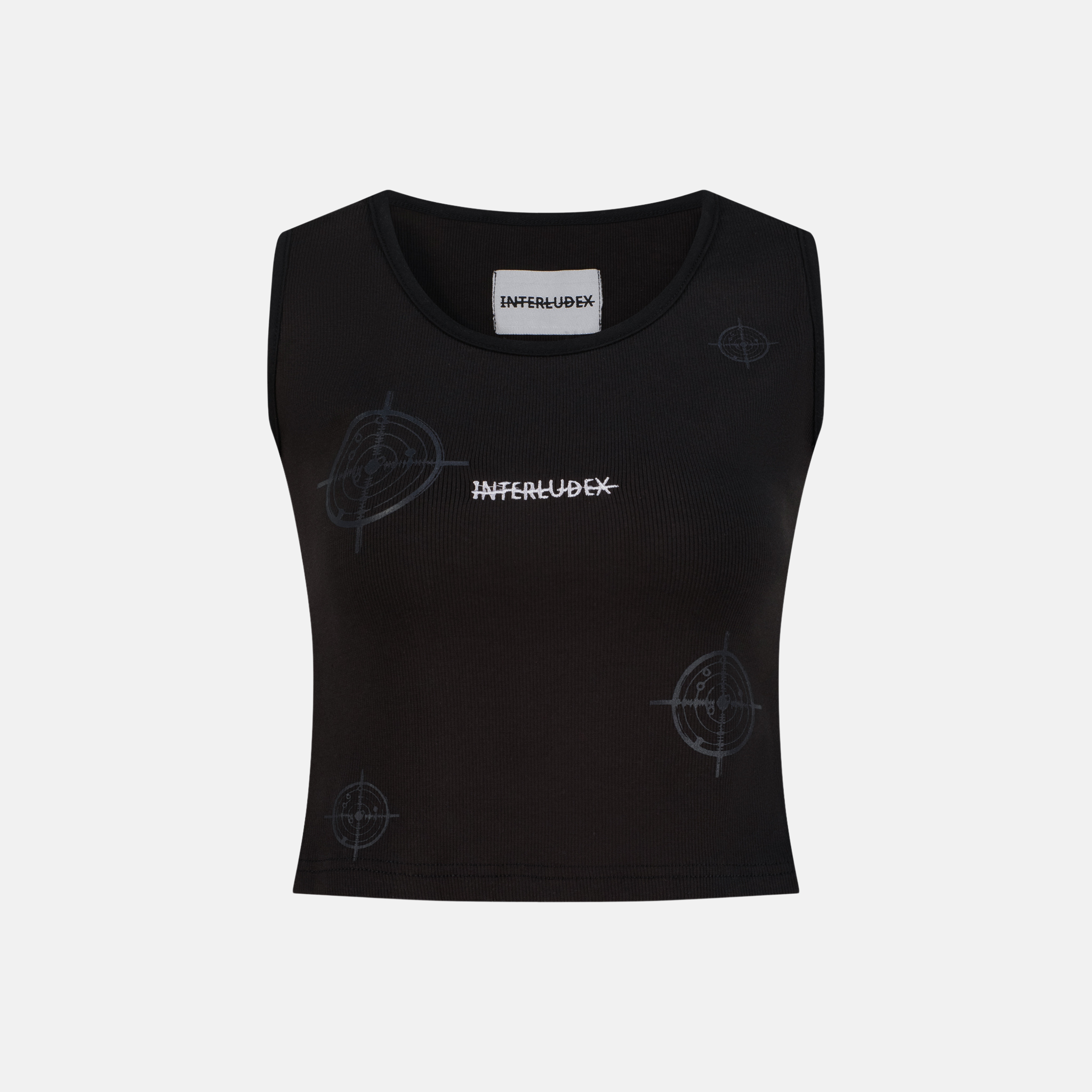 Charcoal Rib Tank Top with Interludex logo and target graphics