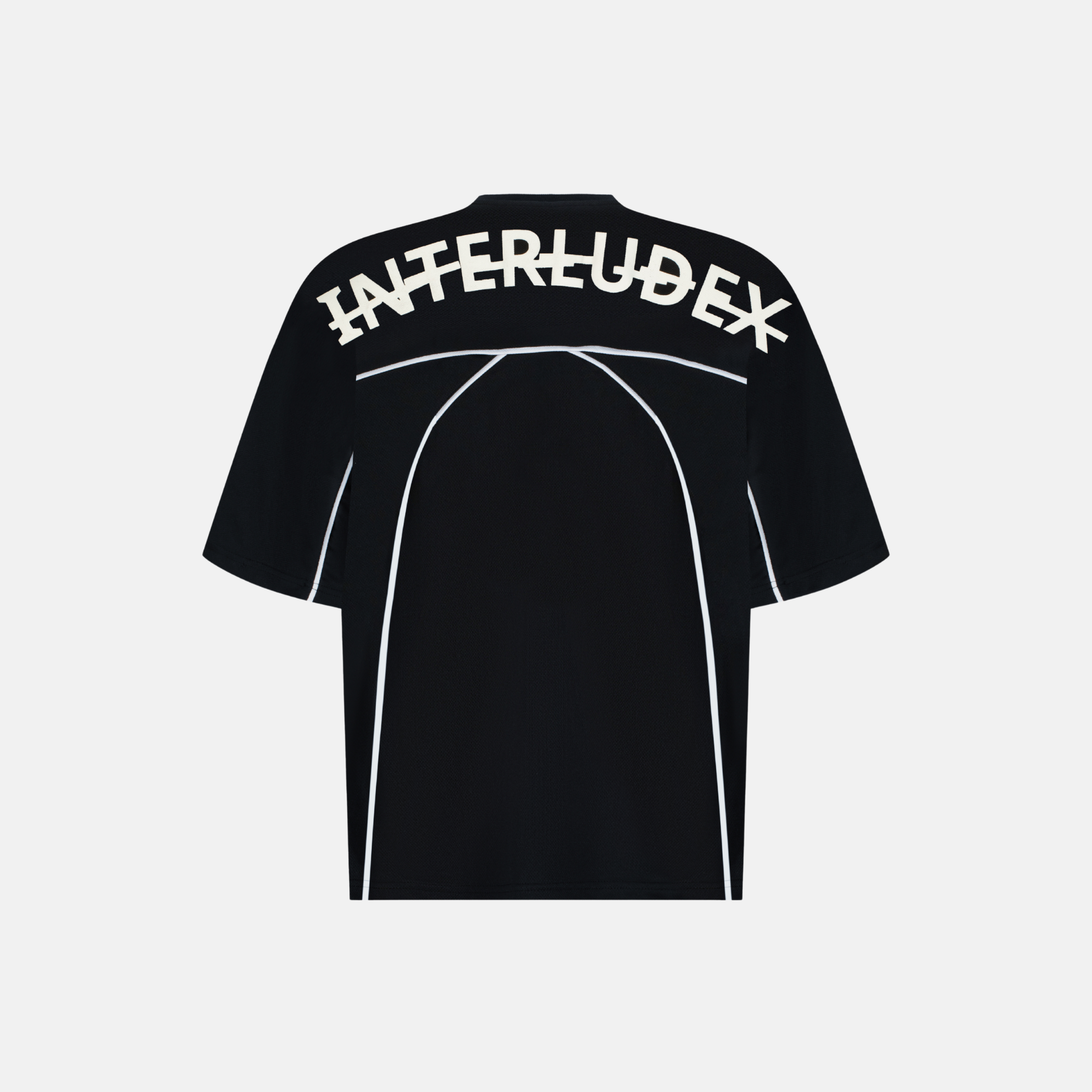 Origin Jersey - Black with white INTERLUDE X text across the shoulders and white piping